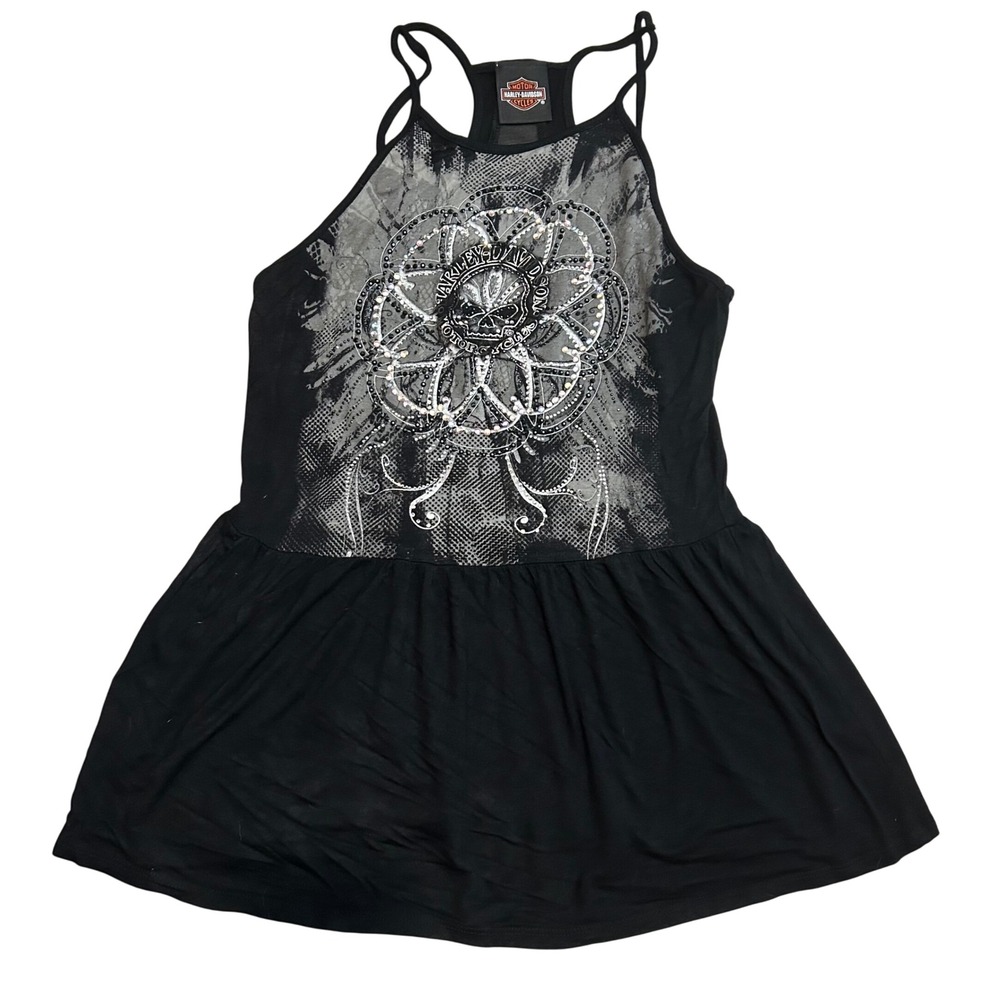 Harley-Davidson Womens Y2K Rhinestone Babydoll Tank Top Bling Racerback Black